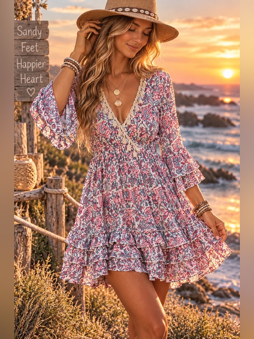 Karma Highway womans boho pink Floral Ruffle mini Dress size OS